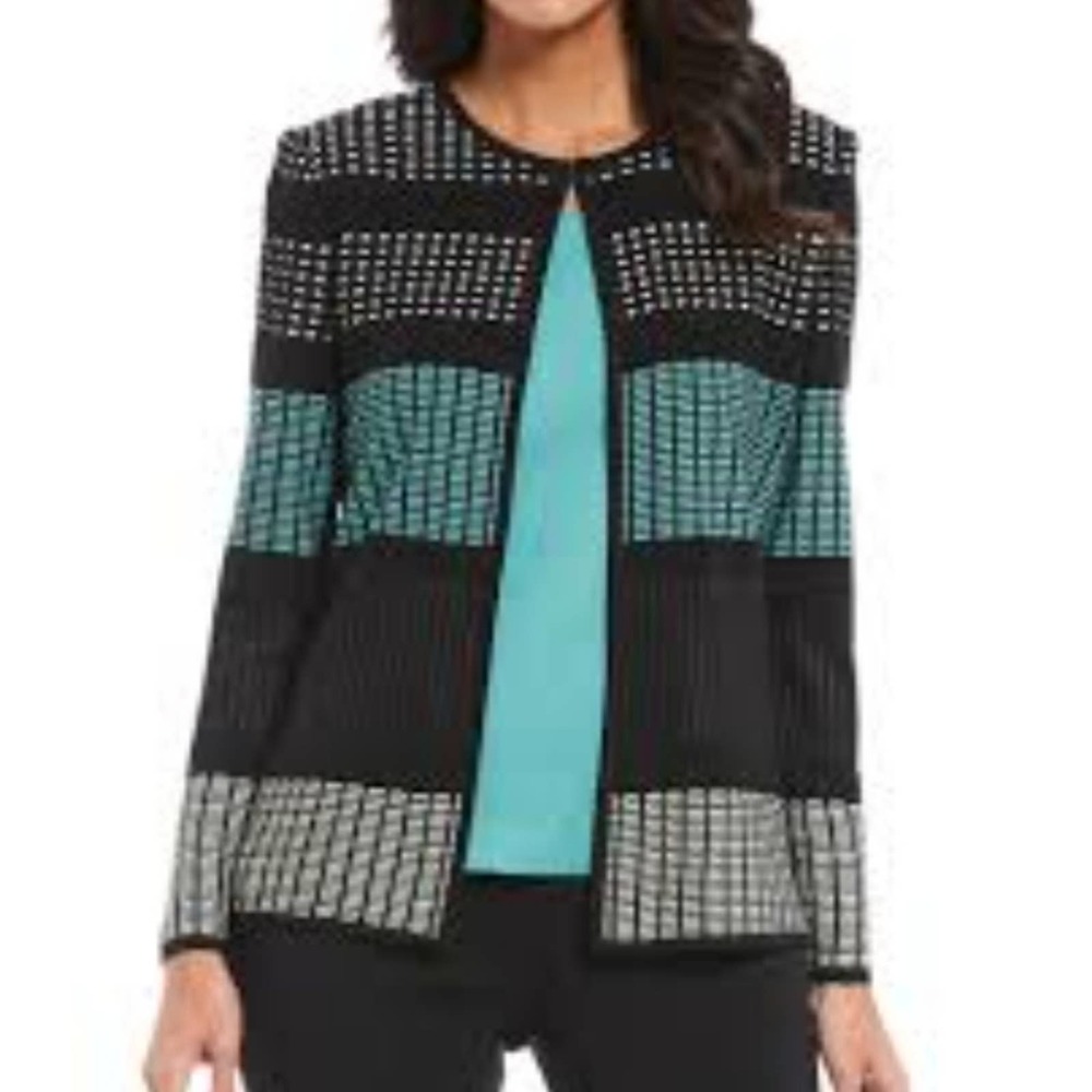 Ming Wang Blockstripe Stretch Knit Jacket XSP Teal/Black